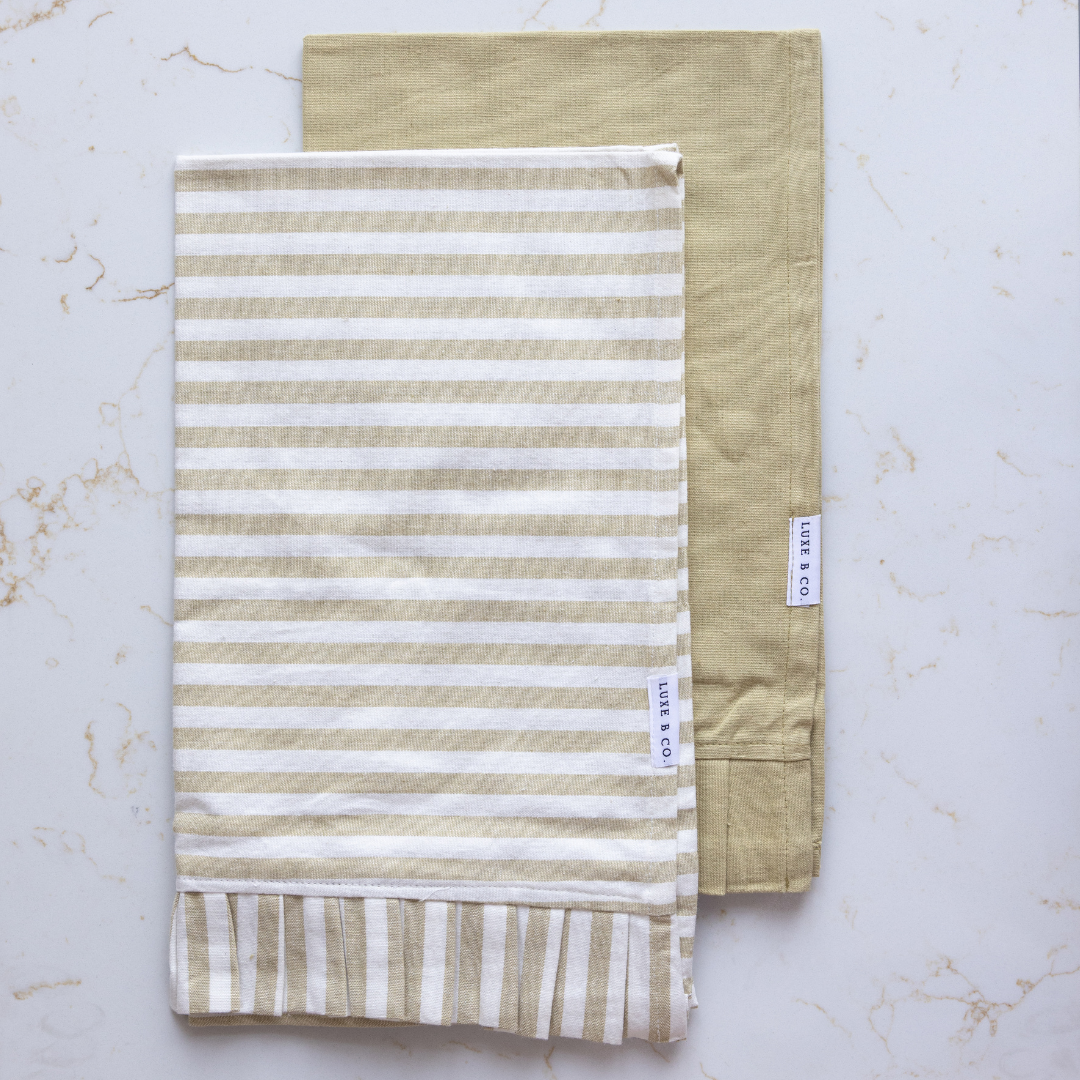 Spring Sage Green & White Stripes Ruffle Kitchen Dish Towel