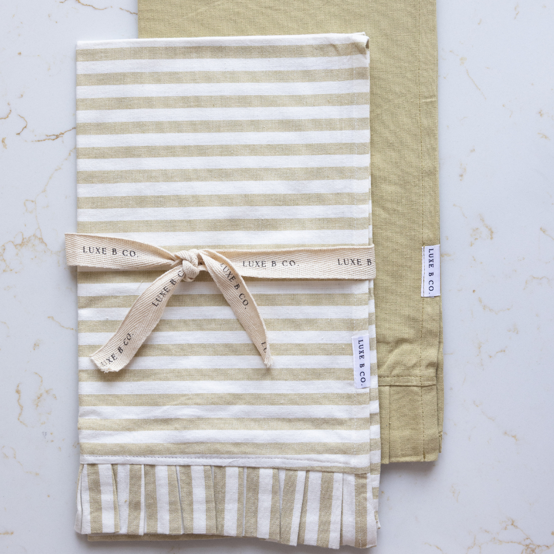 Spring Sage Green & White Stripes Ruffle Kitchen Dish Towel